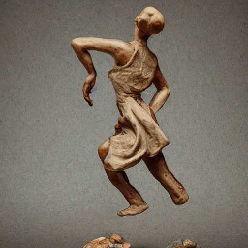 Prompt: beautiful organic ceramic sculpture of person running away from something, in a gallery setting, influenced by piotr jabłonski and norman rockwell. professional studio photo, full object in middle, well centered, 3 5 mm, high definition