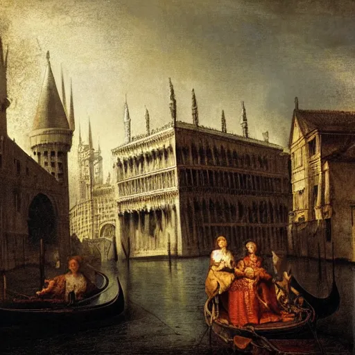 Prompt: Harry Potter and Hermione in Venice, by Rembrandt,