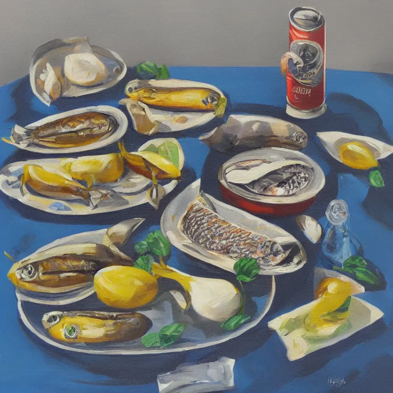 Prompt: a surreal still life light oil painting of a can of sardines ona table by libby haines