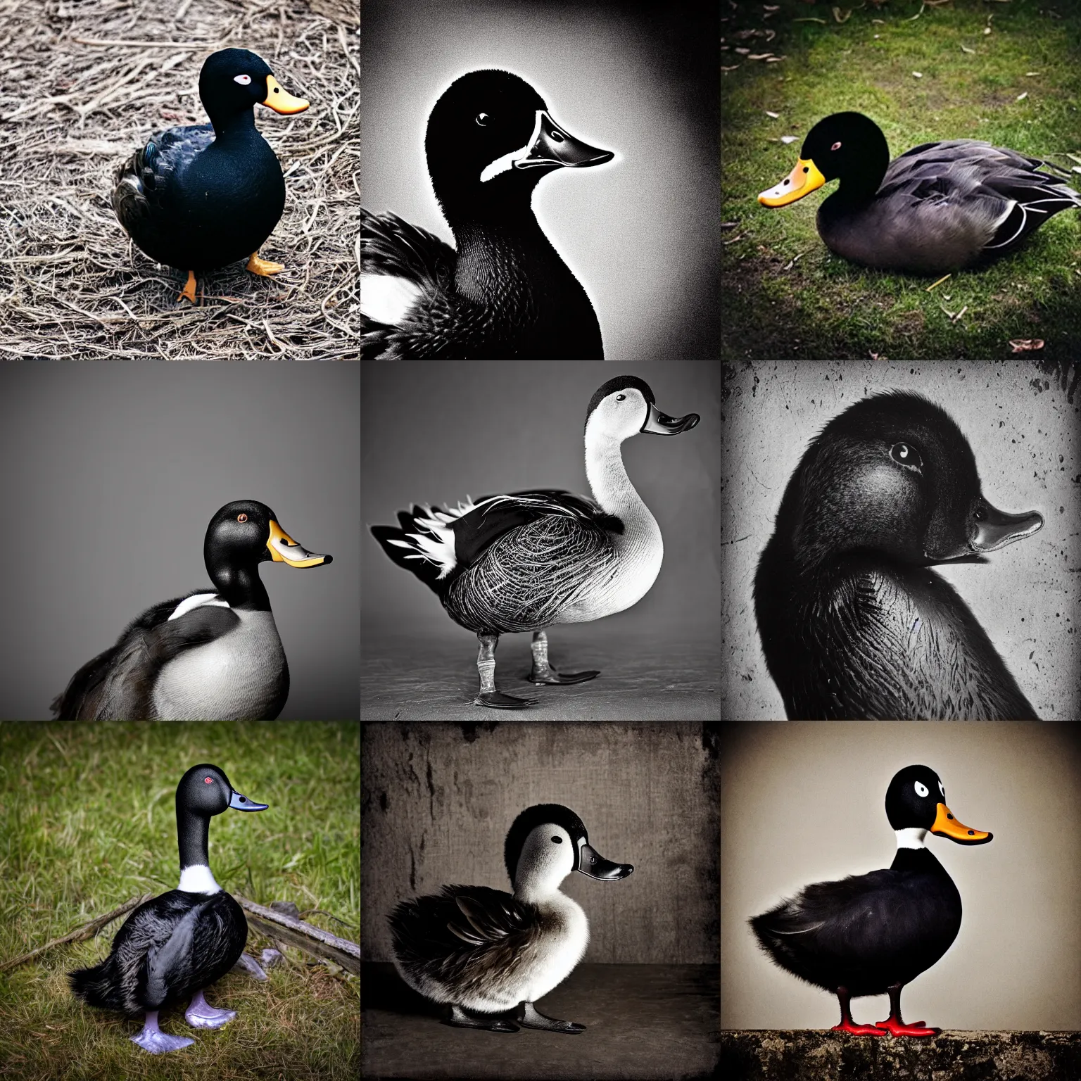 Prompt: black metal duck with corpse paint, animal photography