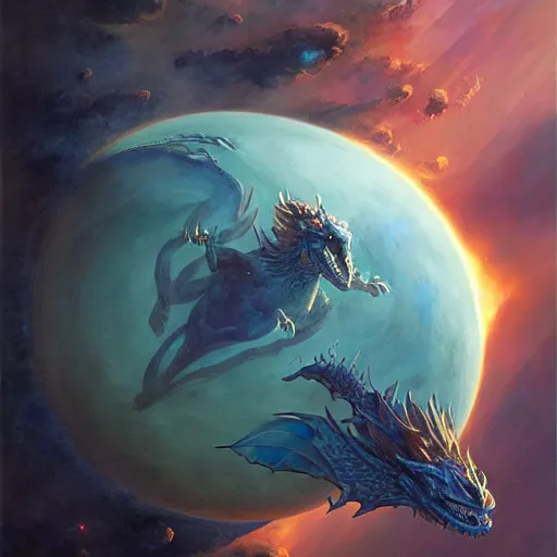 Prompt: Gigantic blue scaled humanoid dragon devouring an earth like planet while flying in space, sun system, behemoth, nebula, oil painting, by Fernanda Suarez and Edgar Maxence and Greg Rutkowski