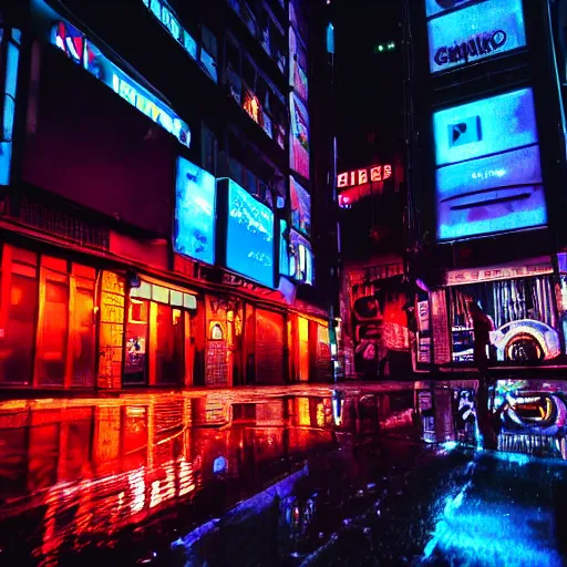 Image similar to a high quality low wide angle photo of a panther on the streets of a cyberpunk city, rainy, reflective ground, neon lights, realism, 8k