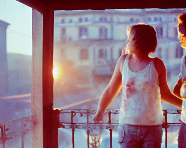 Image similar to lomo photo of pair standing on small hrushevka balcony full with cigarette smoke in small russian town at sunset, cinestill, bokeh