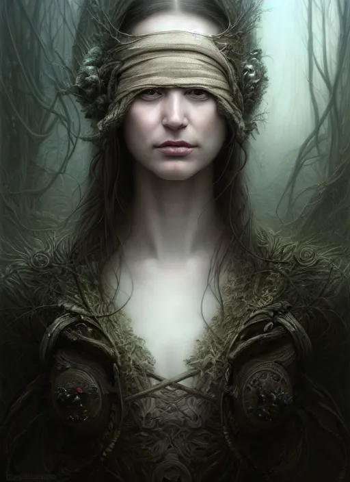 Image similar to closeup portrait shot of a pale woman with blindfold in a scenic dystopian environment, intricate, elegant, highly detailed, centered, digital painting, artstation, concept art, smooth, sharp focus, illustration, artgerm, tomasz alen kopera, peter mohrbacher, donato giancola, joseph christian leyendecker, wlop, boris vallejo