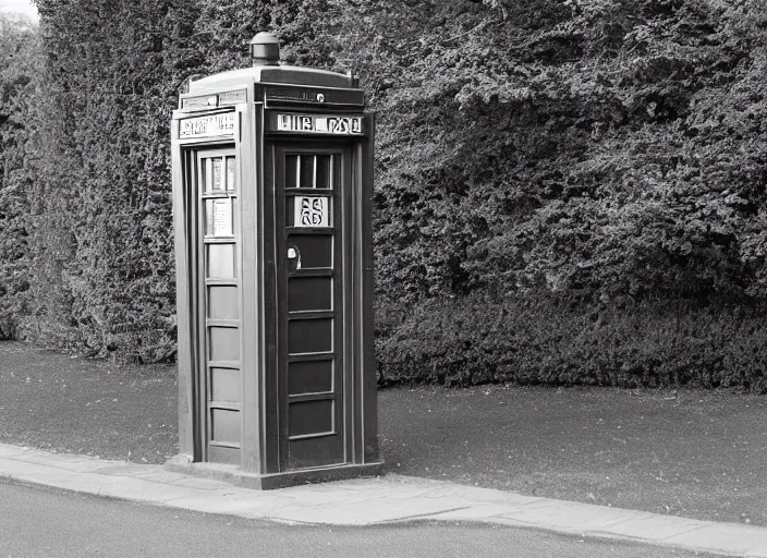 Image similar to photo of a metropolitan police box in suburban london, police box, 1930s, sepia, wide shot