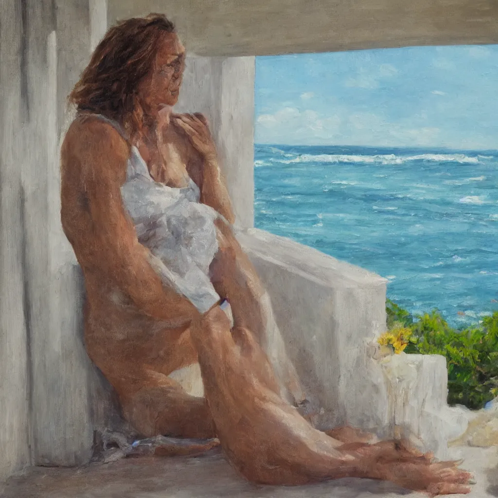 Image similar to a beautiful woman with freckles sitting on the porch of a one-story house in the caribbean watching the sea, realistic, oil on canvas