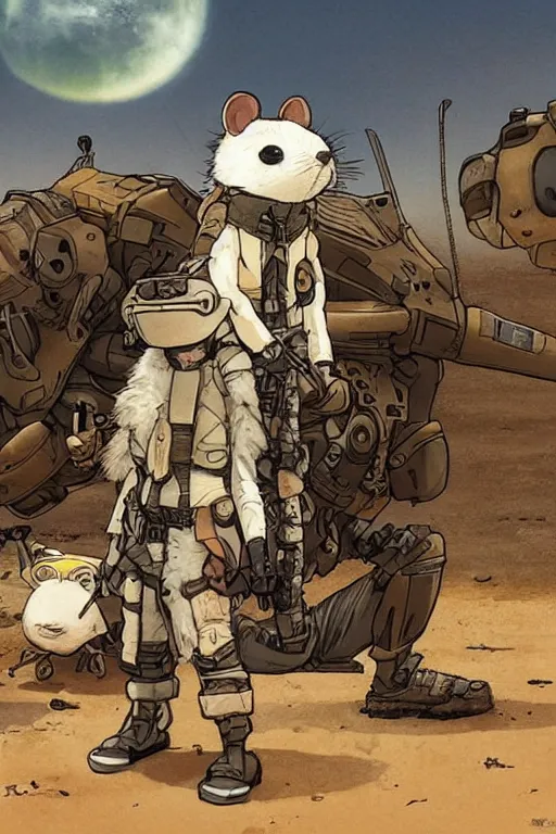 Image similar to anthropomorphic rodent with white and black ancestral ornate japanese tactical gear on an abandonment desert planet, long shot, rule of thirds, golden ratio, graphic novel by fiona staples and dustin nguyen, by beaststars and orange, peter elson, alan bean, studio ghibli, makoto shinkai