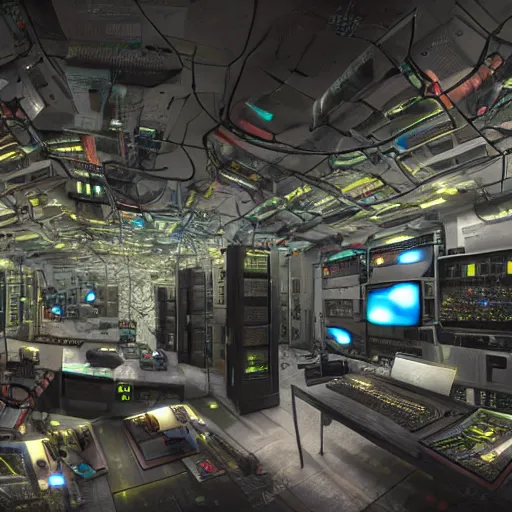 Prompt: a hackers cave with many computers and piles of modular synth cables, by cameron gray, wlop, stanley kubrick, masamune, hideki anno, unique perspective, trending on artstation, 3 d render, smooth render