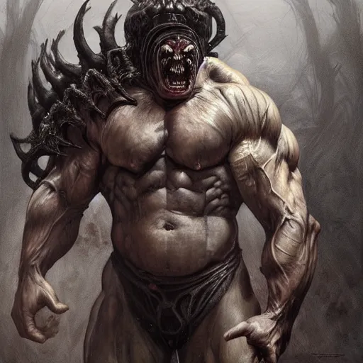 Prompt: Dark fantasy Painting of a hulking muscular demonic with drool dripping from its mouth, hr giger muscles, disgusting, creepy, unsettling, horror, upper body, intricate, wild, highly detailed, digital painting, artstation, concept art, smooth, sharp focus, illustration, art by artgerm and greg rutkowski and alphonse mucha