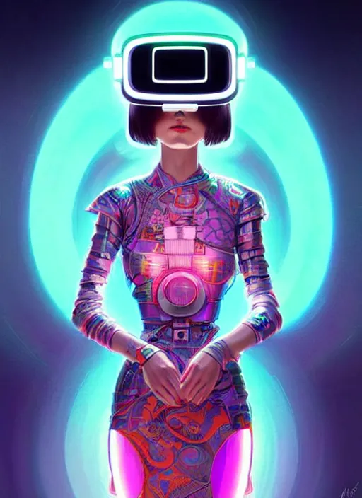 Image similar to wide angle portrait shot of female japanese android wearing a vr headgear and in an elaborate kimono dress, hologram hovering around her, intricate detail, cyber neon lighting, highly detailed, artstation, glamor pose, concept art, art by peter mohrbacher and artgerm and james jean, pinterest, artstation,