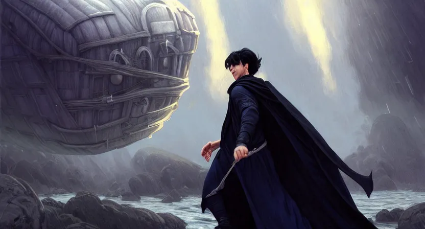 Image similar to handsome mage running away from a giant airship, black hair wearing hooded gothic blue cloak, mountain town, movie action still frame, ultra wide horizon, intricate, elegant, highly detailed, hyperrealism, digital painting, concept art, smooth, sharp, focus, illustration, art by artgerm, greg rutkowski, ilya kuvshinov, alphonse mucha