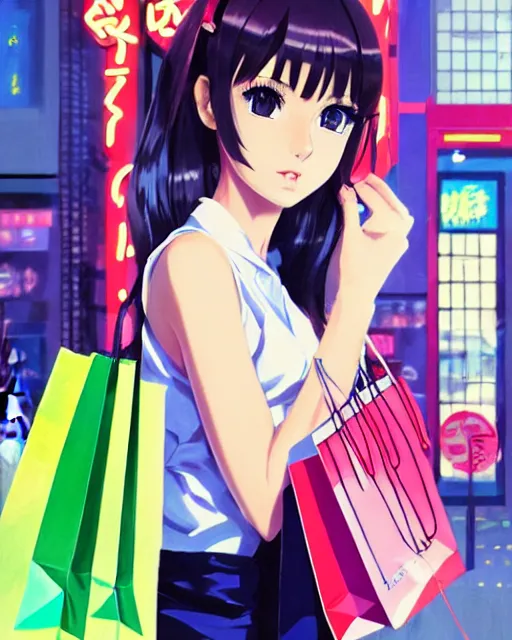 Image similar to cute girl wearing high heel with shopping bags, neon street. | very very anime!!!, fine - face, audrey plaza, realistic shaded perfect face, fine details. anime. very strong realistic shaded lighting poster by ilya kuvshinov katsuhiro otomo ghost, magali villeneuve, artgerm, jeremy lipkin and michael garmash and rob rey