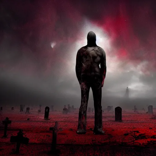 Image similar to new planet, red, red sky, beaten up man, depth, creepy, monsters, eyes, graveyard, death, dead, red eyes, 8k, hyperrealistic, depth, vray, high resoulution, eathly
