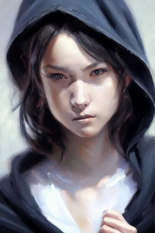 Prompt: fubuki, black hoodie, painting by daniel gerhartz, alphonse murac, detailed art, artstation