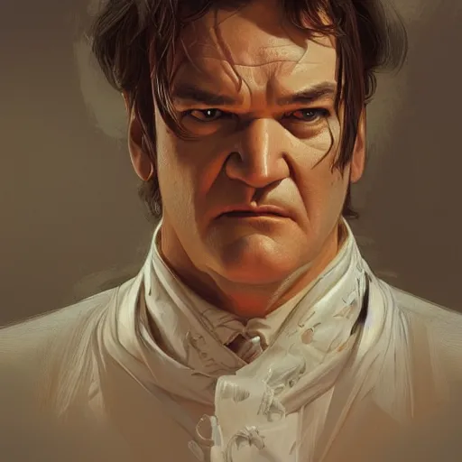 Image similar to quentin tarantino, portrait, intricate, highly detailed, digital painting, artstation, concept art, wallpaper, smooth, sharp focus, illustration, art by artgerm and greg rutkowski and alphonse mucha