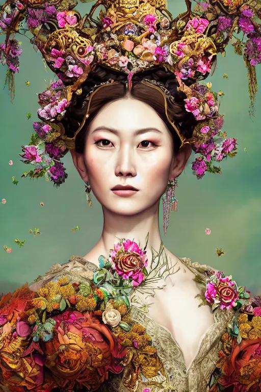 Prompt: a beautiful empress portrait, with a brilliant, impossible striking big flower headpiece, clothes entirely made out of flowers, garden backdrop, symmetrical, dramatic studio lighting, rococo, baroque, jewels, asian, hyperrealism, closeup, D&D, fantasy, intricate, elegant, highly detailed, digital painting, artstation, octane render, 8k, concept art, matte, sharp focus, illustration, art by Artgerm and Greg Rutkowski and Alphonse Mucha