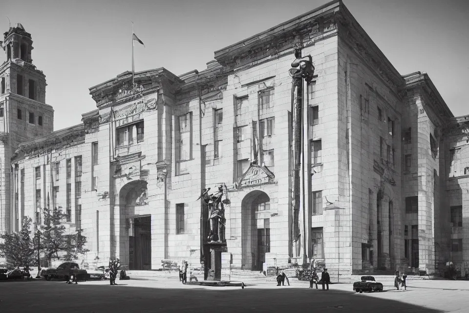 Prompt: a black and white photograph of an enormous building, official courthouse, statues looking down on the gigantic door, art déco architecture, long shot,