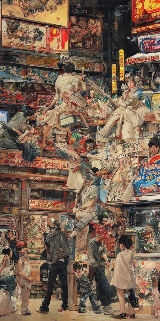 Image similar to oil painting scene from amusement arcade by kim jung gi