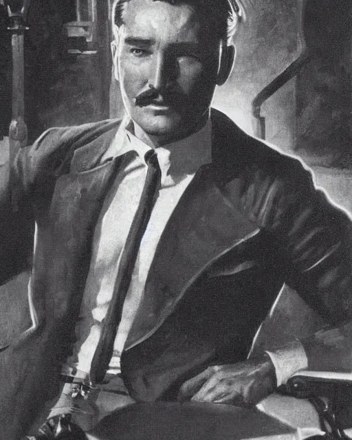 Image similar to Errol Flynn as a scientist. 1980s dystopian Soviet Russia, propaganda screens. Unreal engine, fantasy art by Greg Rutkowski, Gustave Courbet, Rosa Bonheur, Edward Hopper, Ilya Yefimovich Repin, Jean-François Millet, Andrew Newell Wyeth. Faithfully depicted facial expression, perfect anatomy global illumination, radiant light, detailed and intricate environment