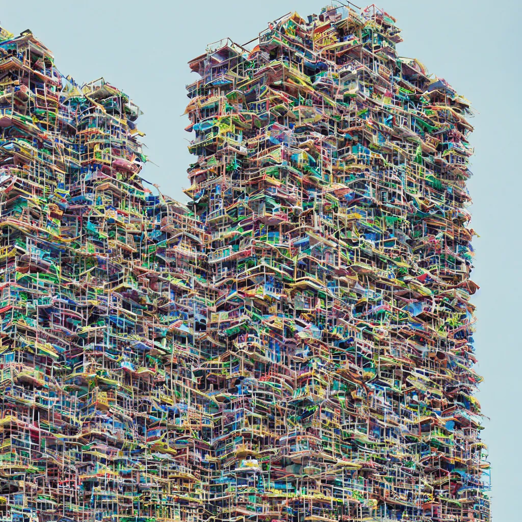 Image similar to intertwined high towers with colourful stacked makeshift squatters, uniform plain sky, mamiya, very sharp, very detailed, photographed by cristina de middel