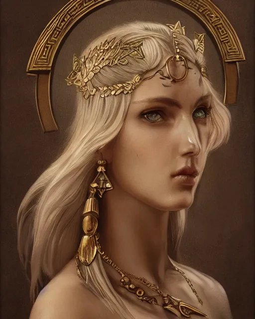 Image similar to front view of beautiful aphrodite greek goddess wearing a gold laurel wreath and triangle earrings, realism tattoo sketch, beautiful piercing eyes with sharp pupils, beautiful blonde hair, in the style of greg rutkowski, fantasy, amazing detail, epic, elegant, smooth, sharp focus