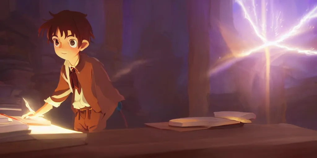 Image similar to a young boy mage with a brown cloak and brown hair is standing at his desk working on a new spell, colorful, flowing energy, light rays, anime boy, boy, consistent face, anime boy face, medium shot, waist up, pixar and disney animation, sharp, by greg rutkowski and makoto shinkai, bloom, dramatic lighting, cinematic