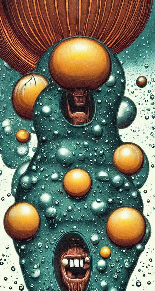 Image similar to art deco close up portait of mushroom head with big mouth surrounded by spheres, rain like a dream digital painting curvalinear clothing cinematic dramatic fluid lines otherworldly vaporwave interesting details epic composition by artgerm anton pieck basquiat