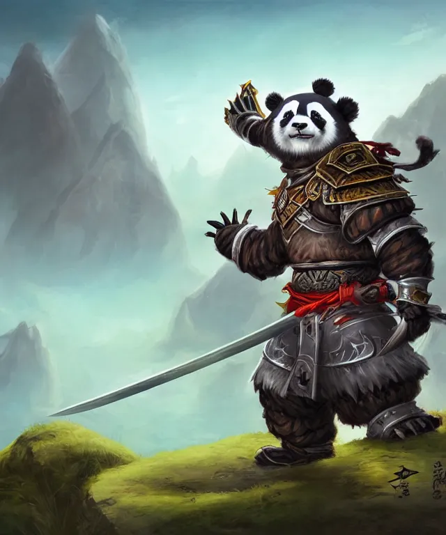 Image similar to a portrait an anthropomorphic panda samurai holding a katana, wearing armor with spiked shoulders, landscape in background, dnd character art portrait, world of warcraft style, by peter mohrbacher, cinematic lighting