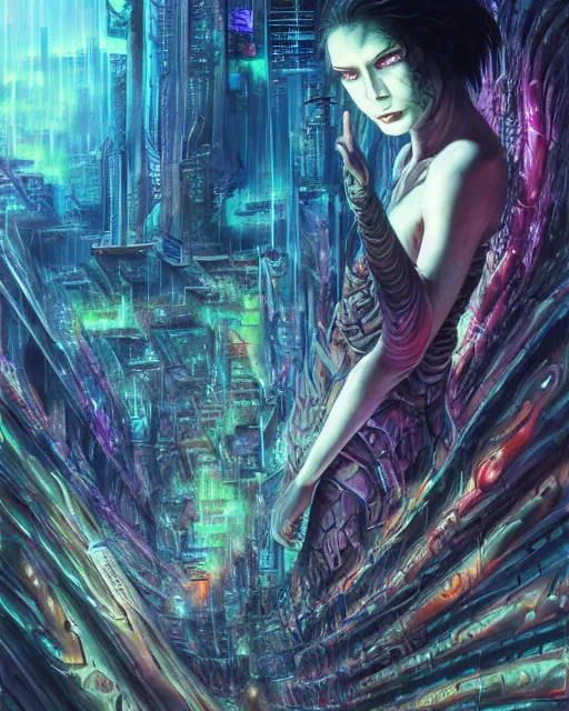 Prompt: neo tokyo arrives from the future, by antonio j. manzanedo, giger, alex grey, android jones, wayne barlowe, philippe druillet, raymond swanland, cyril rolando, josephine wall, harumi hironaka, trending on artstation