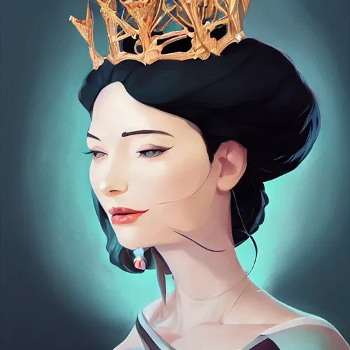 Image similar to face icon stylized minimalist a beautiful black haired woman with pale skin and a crown on her head sitted on an intricate metal throne, loftis, cory behance hd by jesper ejsing, by rhads, makoto shinkai and lois van baarle, ilya kuvshinov, rossdraws global illumination,