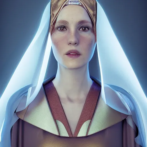 Prompt: portrait of a woman, renaissance style, star wars character, volumetric lights, symmetry, headpiece, trending on artstation, sharp focus, leica, studio photo, intricate details, highly detailed