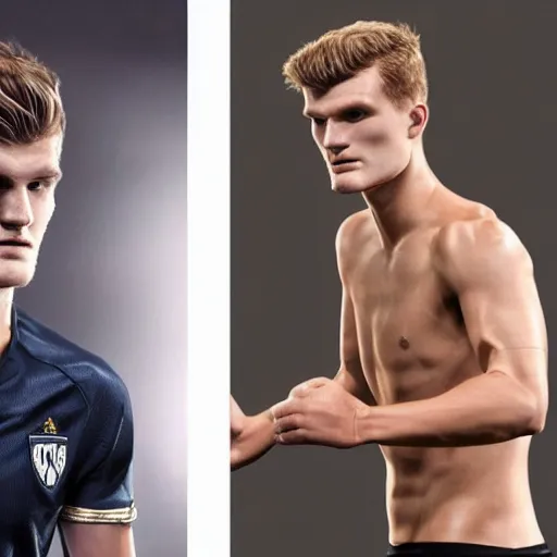 Prompt: a realistic detailed photo of a guy who is an attractive humanoid who is half robot and half humanoid, who is a male android, soccer players martin ødegaard & timo werner, shiny skin, posing like a statue, blank stare, in a living room, on display, showing off his muscles, gold soccer shorts, side view, repairing the other one