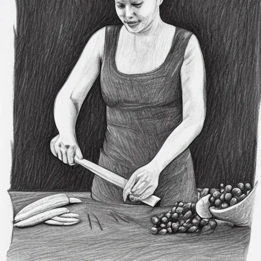 Prompt: pencil sketch of a woman chopping carrots