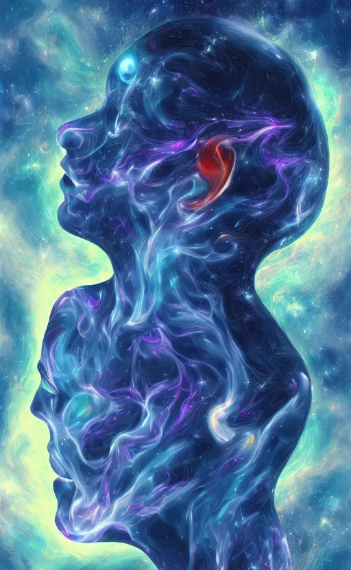 Image similar to the soul detaching from the body in the universe, artstation, digital painting