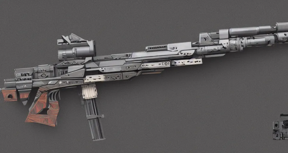 Prompt: extremely detailed ultra realistic side view photo retro vintage sci fi hyper minimalist laser sniper rifle, detailed trigger, chemically propelled, electric, steel, wood accents, intricate detail, elegant sleek smooth body, railgun, chemrail, gauss, smooth utopian design, ultra high quality, octane, cod, destiny, warframe, terminator