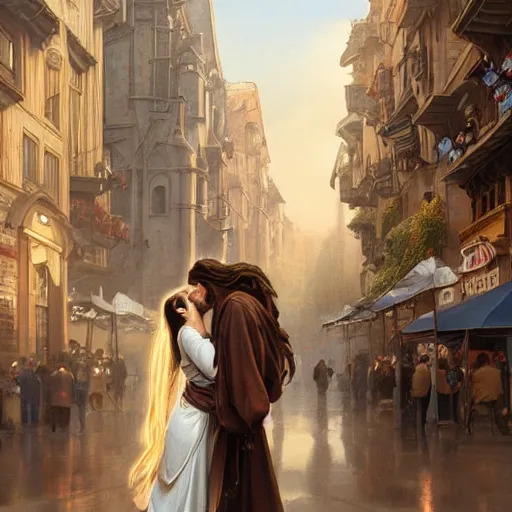 Image similar to jesus kissing a woman in a street, elegant, highly detailed, digital painting, artstation, concept art, matte, sharp focus, highly detailed, 4 k, hdr, smooth, sharp focus, high resolution, award - winning photo, photorealistic, art by artgerm and greg rutkowski and alphonse mucha, large shot