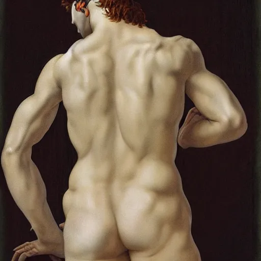 Image similar to a beautiful young male wearing alexander mcqueen, painted by michelangelo