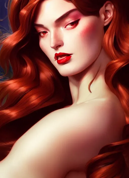 Image similar to digital concept art by artgerm, tooth wu, bierstadt, gurney, stalenhag and alphonse mucha. a breathtakingly beautiful jessica rabbit, full body!! contour light effect!! 8 k, stage light. octane render. smooth. sharp edge. ultra clear detailed, symmetric front pose