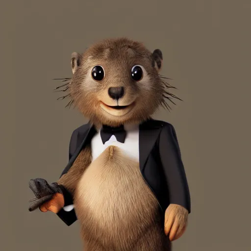 Prompt: cute anthro brown marmot in a black tuxedo while holding a pencil, pixar character, digital art, 3 d rendered in octane, blender, maya, shadows, lighting