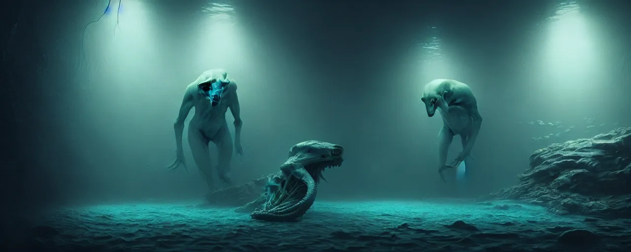 Image similar to ultra realistic horror photo of a dimly lit male alien creature underwater, very intricate details, focus, full frame image, model pose, artwork by tooth wu and wlop and beeple and greg rutkowski, award winning