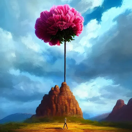 Image similar to giant carnation flower as a head, girl hiking in a canyon, surreal photography, sunrise, dramatic light, impressionist painting, colorful clouds, digital painting, artstation, simon stalenhag