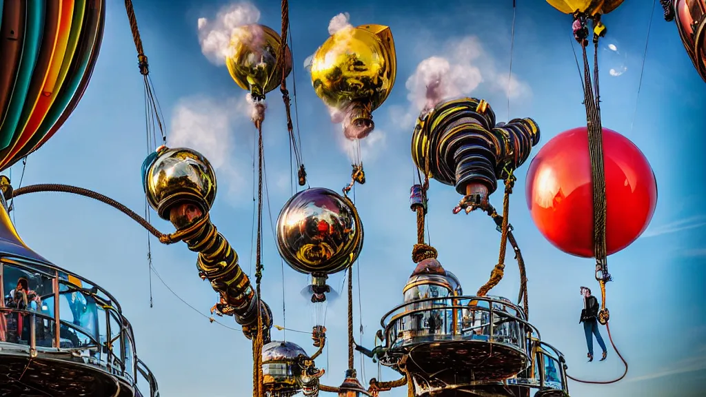 Image similar to large colorful futuristic space age metallic steampunk steam - powered balloons with pipework and electrical wiring around the outside, and people on rope swings underneath, flying high over the beautiful berlin city landscape, professional photography, 8 0 mm telephoto lens, realistic, detailed, photorealistic, photojournalism