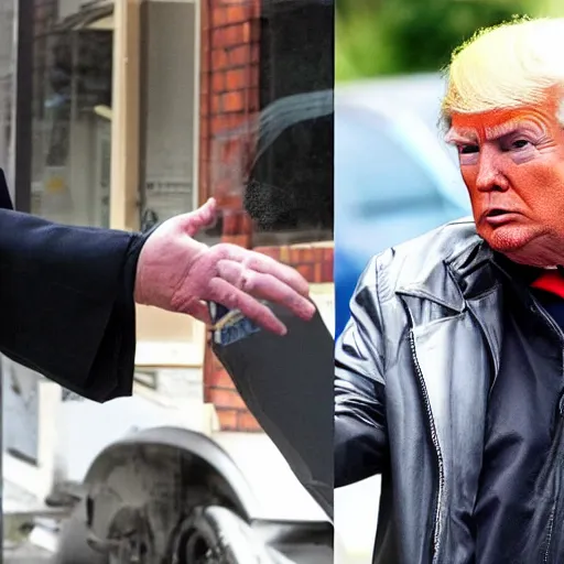 Prompt: donald trump dresses as a homeless man asking for money on the streets, detailed face