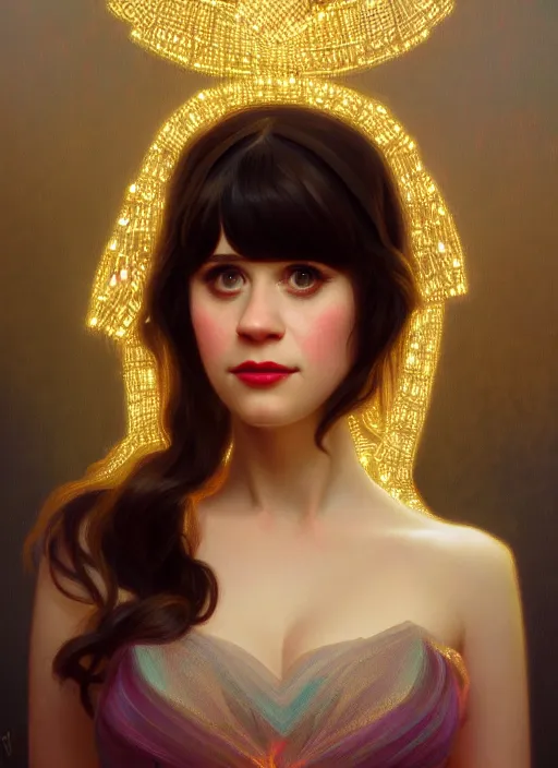 Image similar to portrait of zooey deschanel!, intricate, elegant, glowing lights, highly detailed, digital painting, artstation, glamor pose, concept art, smooth, sharp focus, illustration, art by wlop, alphonse mucha and craig mullins