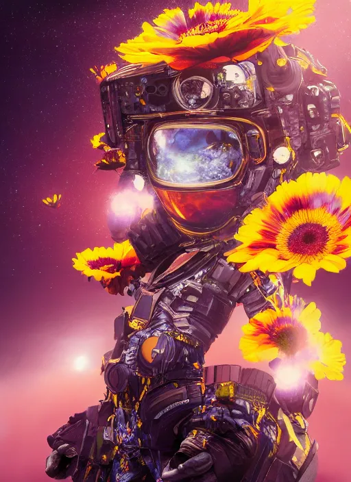 Image similar to An epic fantastic realism comic book style painting of the most beautiful flowers launched into space, bouquets, solar eclipse, fisheye, unreal 5, DAZ, hyperrealistic, octane render, dynamic lighting