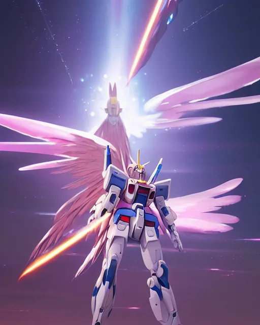 Prompt: highly detailed vfx portrait of an angelic gundam with wings of feathers beam saber fighting in space with a beam gun, unreal engine, greg rutkowski, loish, rhads, beeple, makoto shinkai and lois van baarle, ilya kuvshinov, rossdraws, tom bagshaw, alphonse mucha, global illumination, detailed and intricate environment