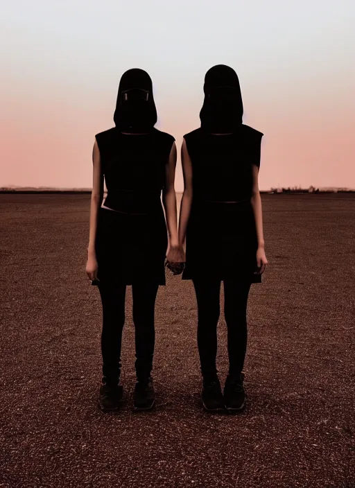 Image similar to cinestill 5 0 d photographic portrait of 2 women holding hands, wearing black techwear in front of a brutalist brushed metal building, closeup, on a desolate plain with a red sky, dystopia, cyberpunk, closeup, depth of field, 4 k, 8 k, hd, full color