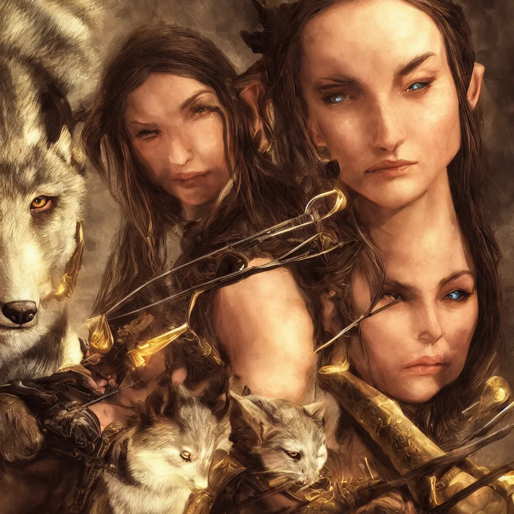 Image similar to Photorealistic cinematic close-up portrait of one single powerful angry female D&D elf ranger holding a longbow, with a pet wolf, by Larry Elmore. Magical occult photorealism, UHD, amazing depth, glowing, golden ratio, 3D octane cycle unreal engine 5, volumetric lighting, cinematic lighting, cgstation artstation concept art