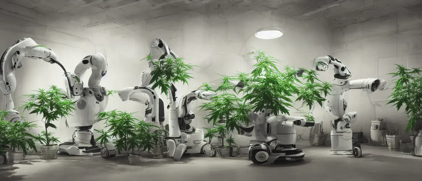 Image similar to three large white glossy kuka industrial robot harvesting a cannabis micro growery inside a fancy living room with retro modern furniture and decor, global illumination, artstation, fantasy, volumetric light