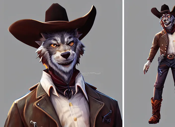 Prompt: character portrait icon of the anthro male anthropomorphic wolf fursona wearing cowboy outfit wild west desperado character design stylized by charlie bowater, ross tran, artgerm, and makoto shinkai, detailed, soft lighting, rendered in octane